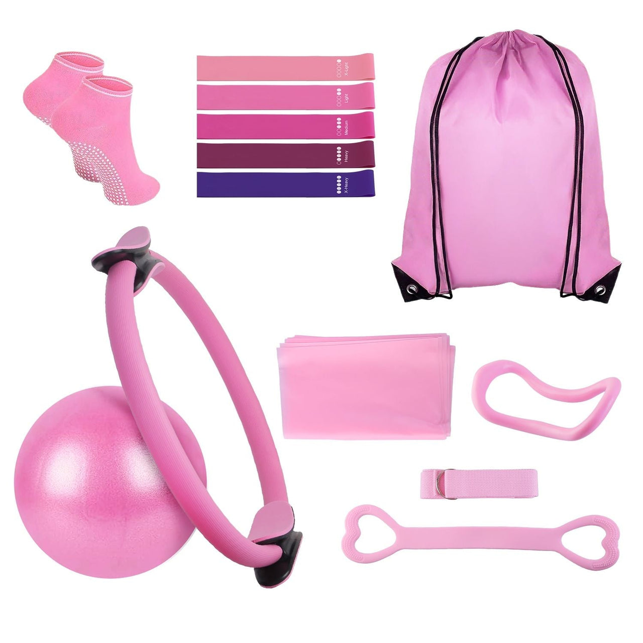 14Pcs Pilates Ring Essentials Kit For Women with Yoga Ball Arm Stretcher 5 Resistant Bands Figure 8 Resistant Band Elastic Band Non-slip Socks Yoga Strap