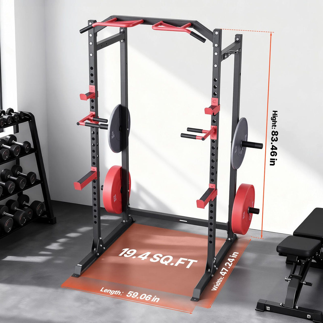 Power Cage Power Rack, Multifunctional Barbell Squat Rack with Adjustable Height, Home Gym Strength Training Workout Equipment with J-Hooks & More Fitness Attachment for Bench Press Pull-Up Dips