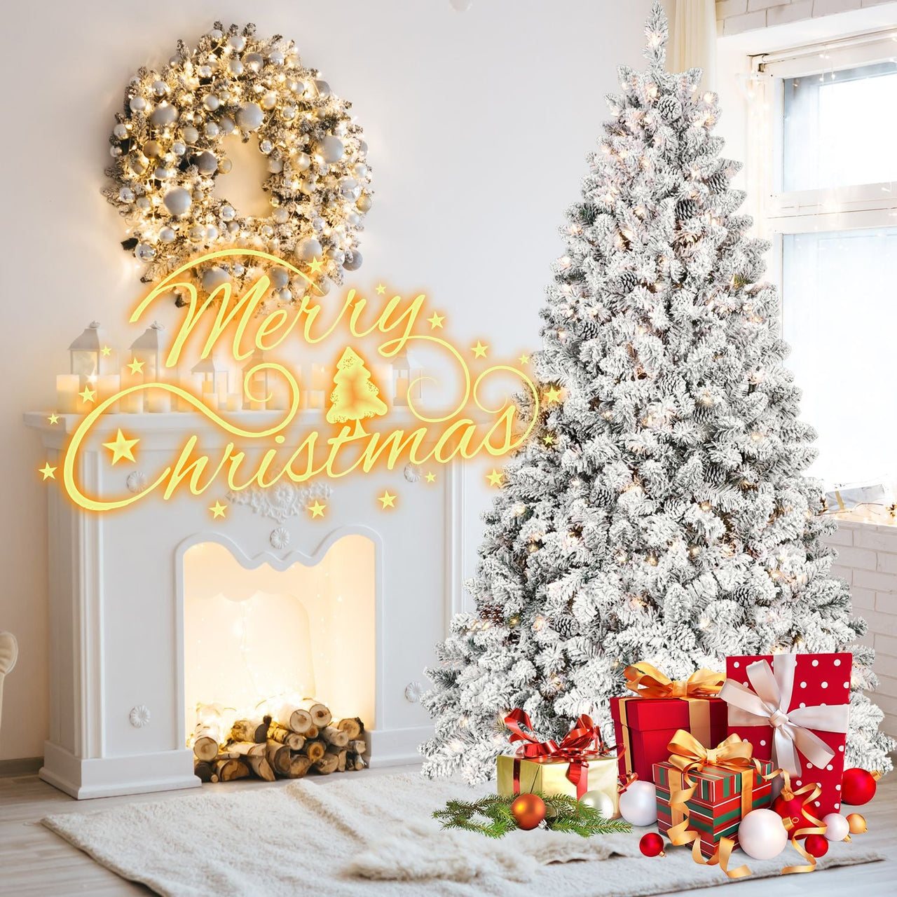 8ft Pre-lit Flocked Christmas Tree with 700 UL Lights & 54 Pine Cones & 1754 Tips Snow Frosted Artificial Xmas Tree