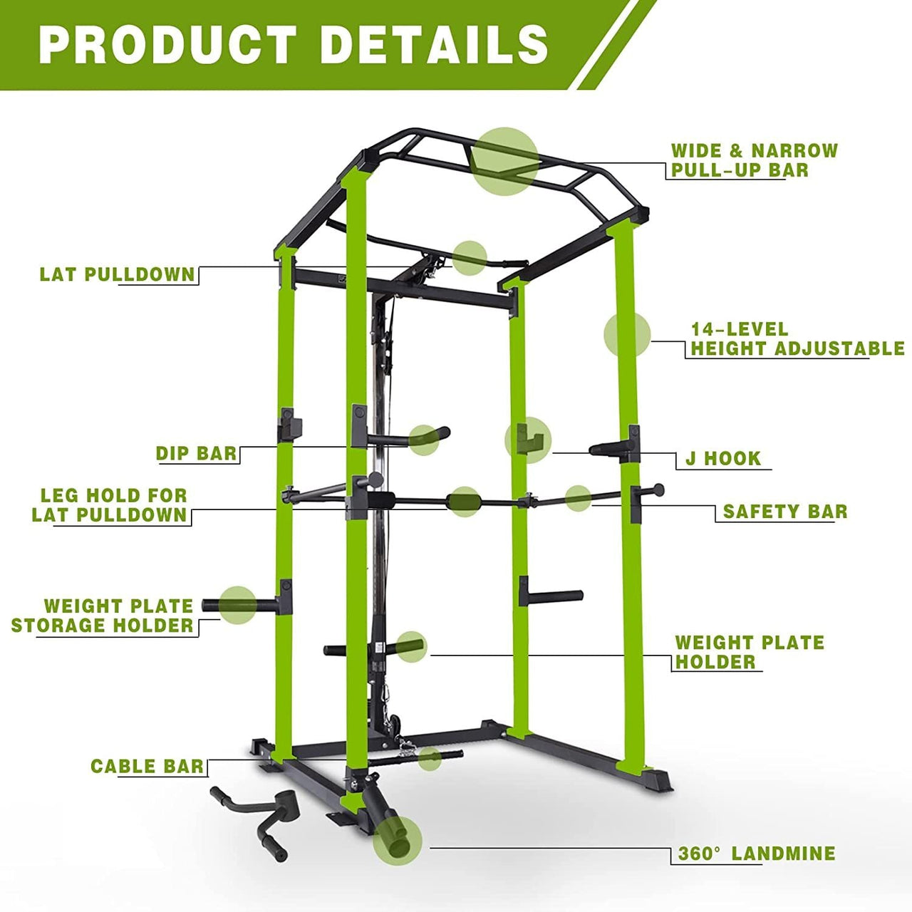 100lb Green Home Gym Set Multi-functional Power Cage, Home Adjustable Pullup Squat Rack 1000Lbs Capacity Comprehensive Fitness Barbell Rack