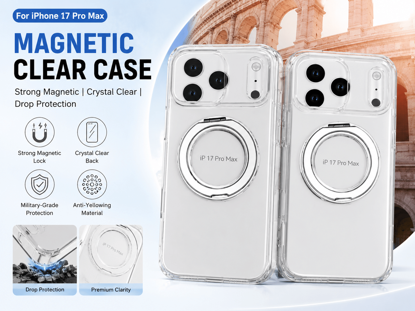 Transparent Magnetic Phone Case Compatible with iPhone 13-17 AIR, 360° Rotating Ring Holder, Anti-Yellow & Shockproof Protective Case, Works with Magnetic Accessories