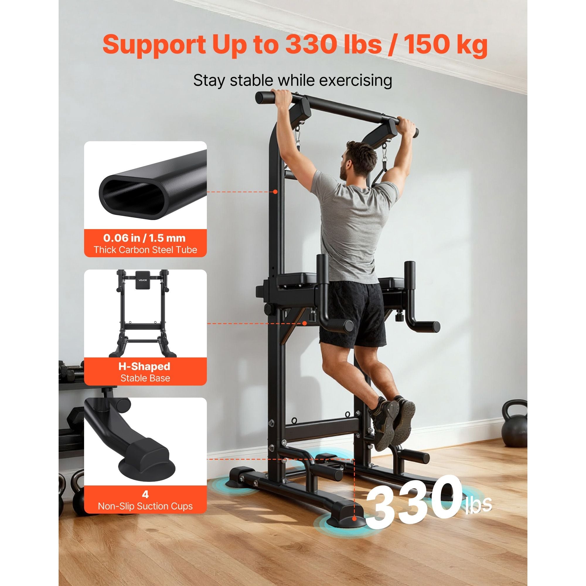 Pull Up Bar, 330 LBS Power Tower Dip Station, Workout Dip Station with H-Shaped Stable Base & Back Pad, Adjustable 12 Level Height Free Standing Chin Up Bar for Back, 4-Level Adjustable Back Pad