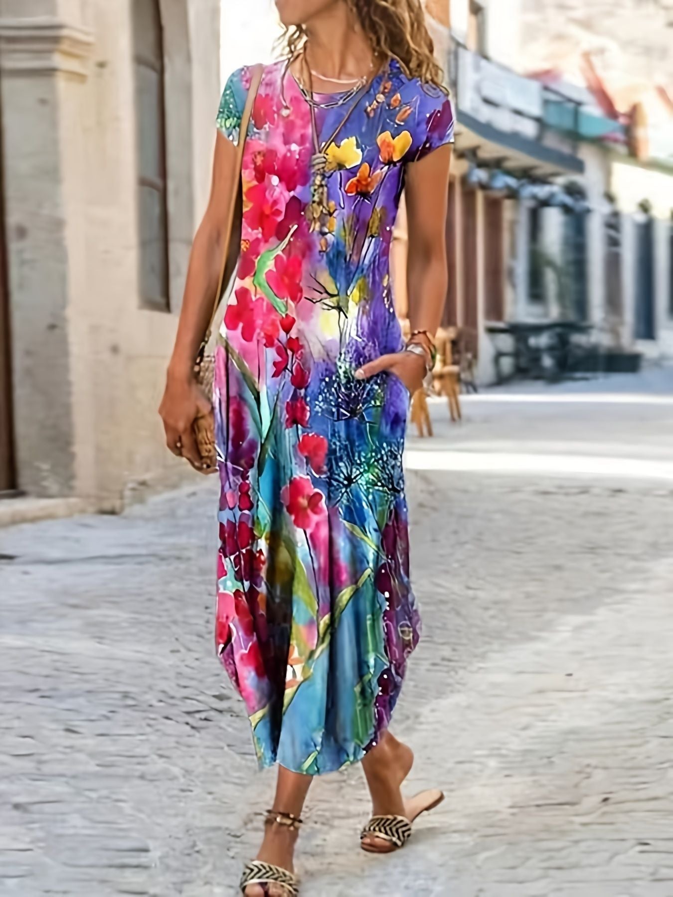 Floral Print Pocket Dress; Casual Short Sleeve Crew Neck Dress; Women's Clothing