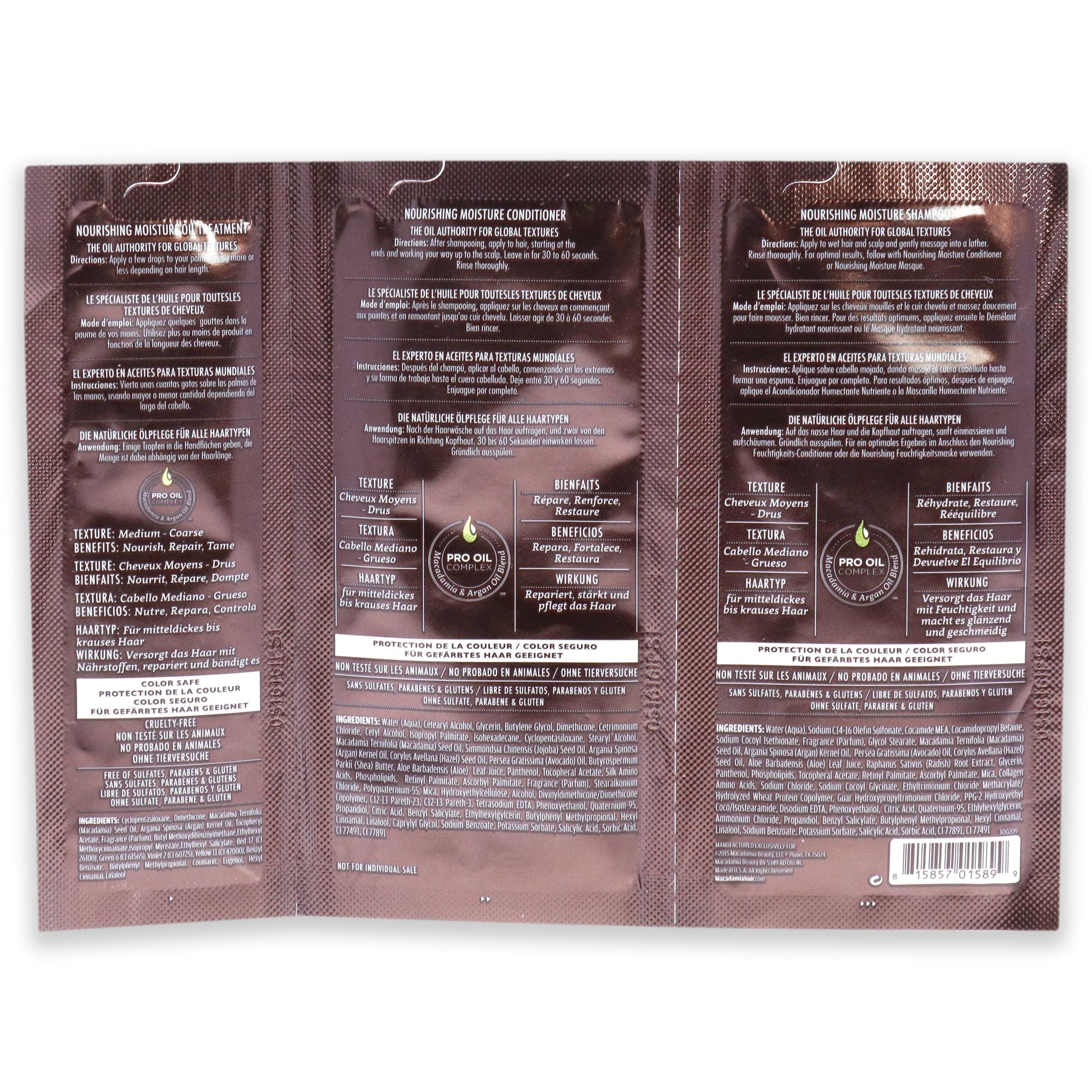 Professional Nourishing Moisture Set by Macadamia Oil for Unisex - 3 Pc Kit 0.34oz Shampoo, 0.34oz Conditioner, 0.17oz Oil Treatment