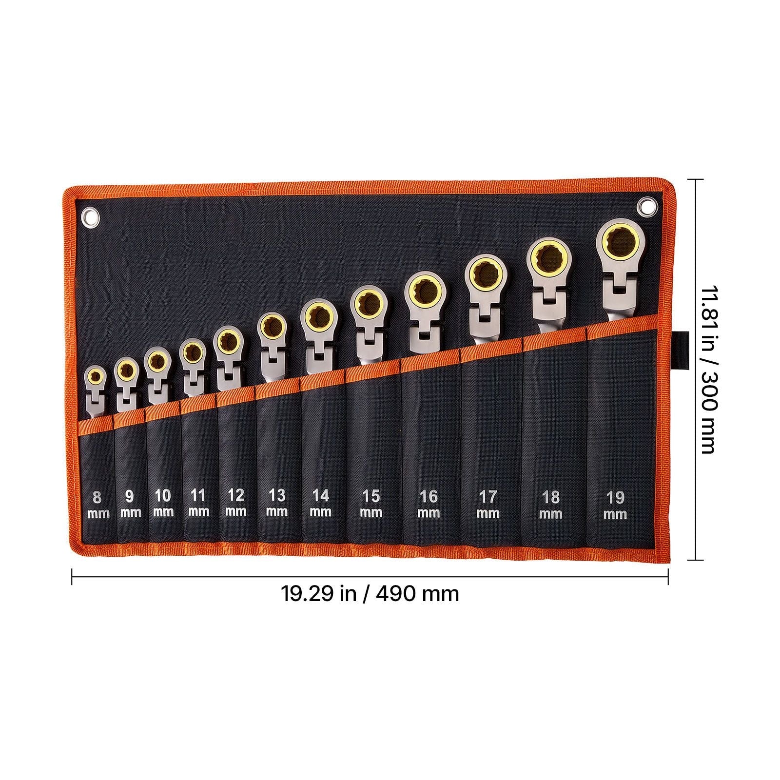 Flex-Head Ratcheting Wrench Set, 12-Piece Metric 8 mm to 19 mm, 72 Teeth, Cr-V Steel Ratchet Flexible Combination Wrench Set with Roll Up Pouch, for General Household and Automotive Repairs