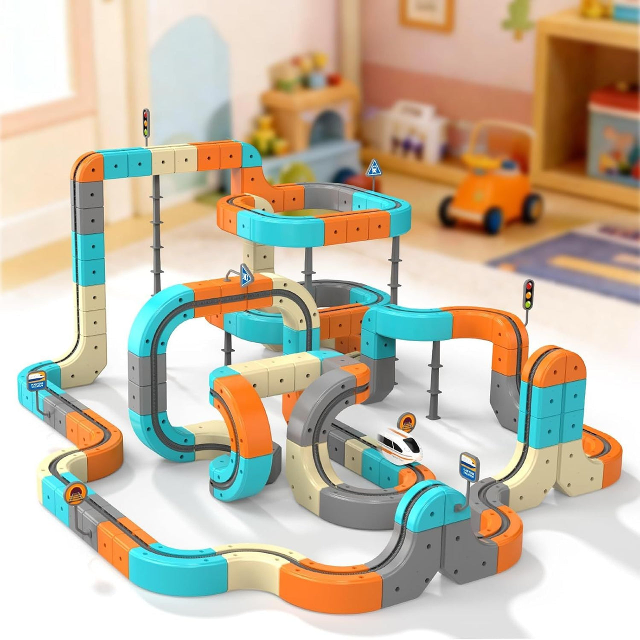 Electric Train Set, 3D Flexible Race Track for Kids 3–8 Years,82 Pcs Gravity-Defying Rail Building Toys with Motorized Car, STEM Learning Toy Gift for Toddlers Birthday