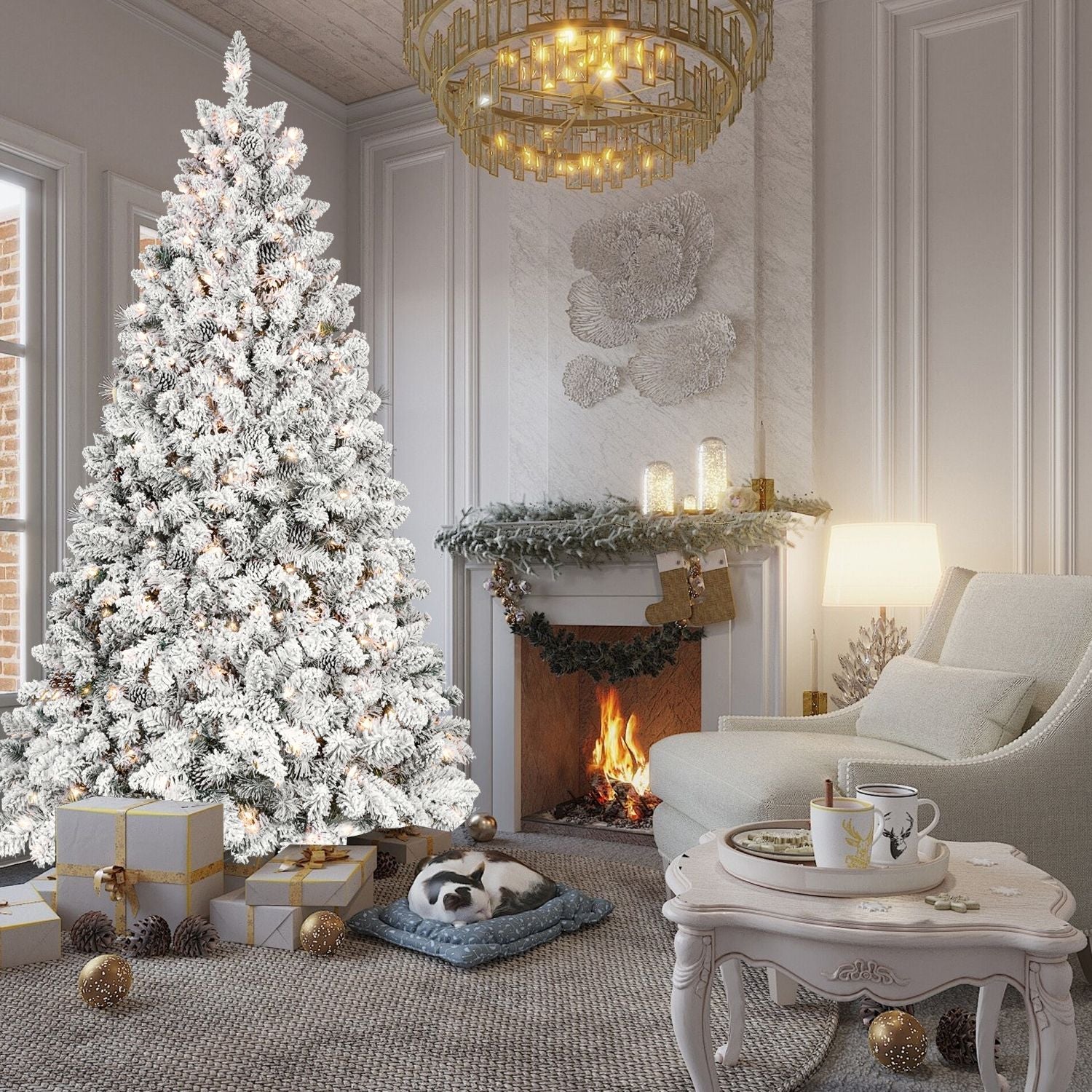 8ft Pre-lit Flocked Christmas Tree with 700 UL Lights & 54 Pine Cones & 1754 Tips Snow Frosted Artificial Xmas Tree