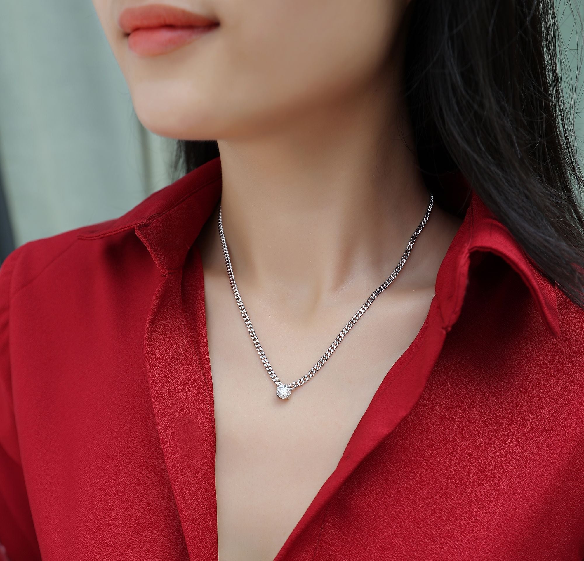 Ladies' Cuban Necklace - Set with 1-carat Moissan diamond S925 sterling silver jewelry and platinum-plated affordable diamond jewelry, fashionable and trendy jewelry necklace pendant