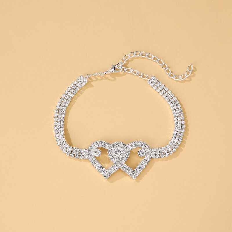 Double Heart Anklet Bracelet Love Barefoot Chain Bling Crystal Ankle Bracelet US
