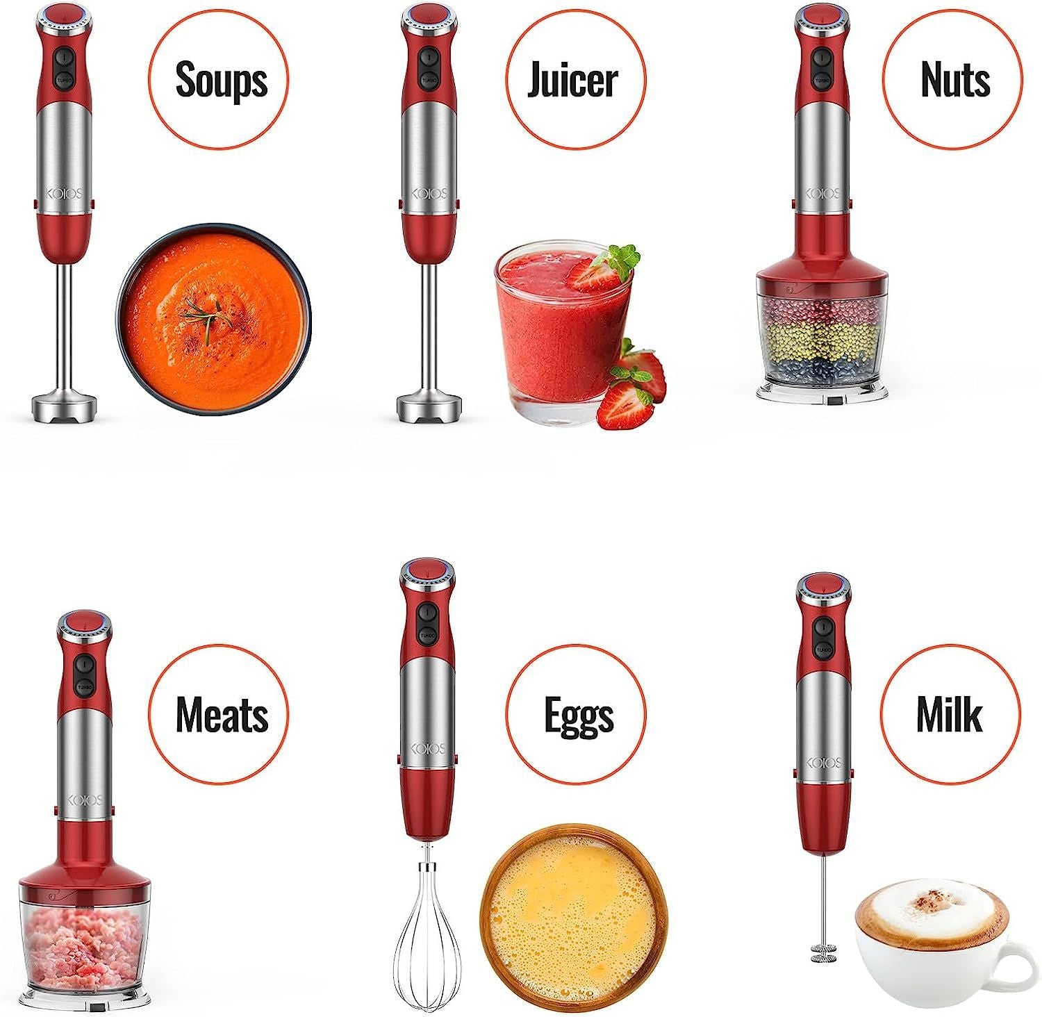 KOIOS 5-in-1 Hand Immersion Blender, 1000W 12 Speed with Turbo Mode Handheld Blender, Copper Motor Stainless Steel Blade Stick Blender,600ml Mixing Beaker,500ml Food Processor, Whisk, Milk Frother