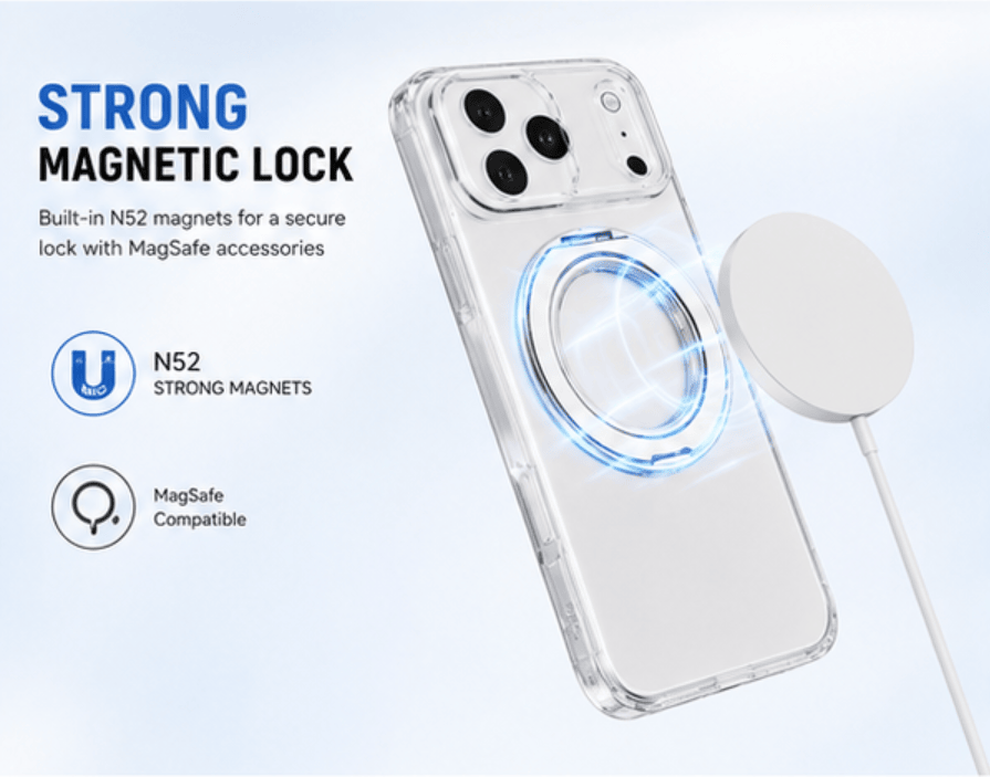 Transparent Magnetic Phone Case Compatible with iPhone 13-17 AIR, 360° Rotating Ring Holder, Anti-Yellow & Shockproof Protective Case, Works with Magnetic Accessories
