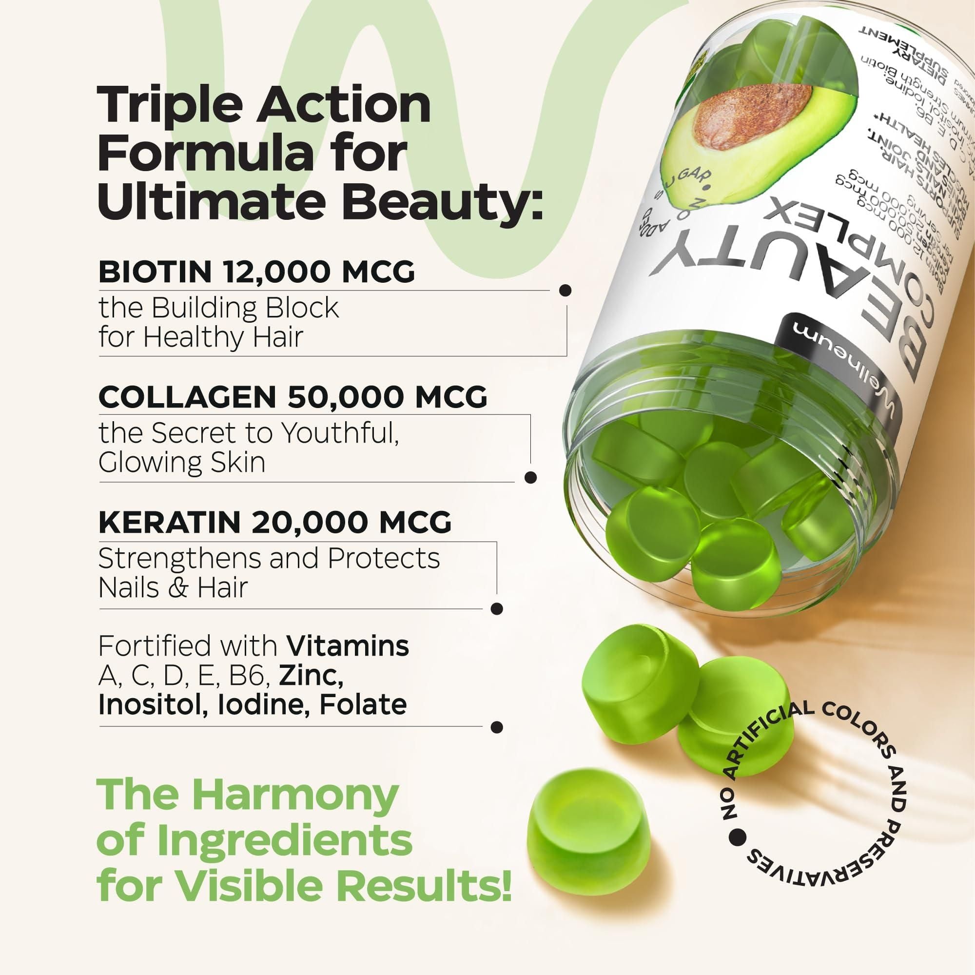 Biotin and Collagen Peptide Gummies for Hair Growth Skin and Nails 12000 Mcg Biotin Chewables with Keratin Max Strength Beauty Gummies for Women and Men Sugar Free Non GMO Gummy Supplement