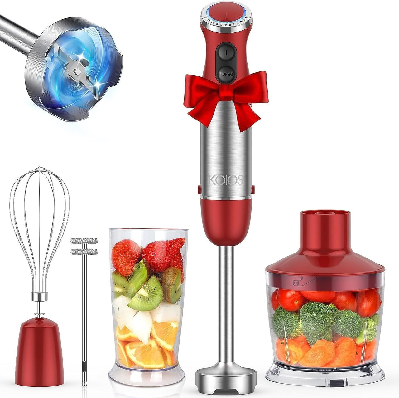 KOIOS 5-in-1 Hand Immersion Blender, 1000W 12 Speed Handheld Blender, Copper Motor Stainless Steel Blade Stick Blender,600ml Mixing Beaker,500ml Food Processor, Whisk, Milk Frother, B PA-F ree, Red