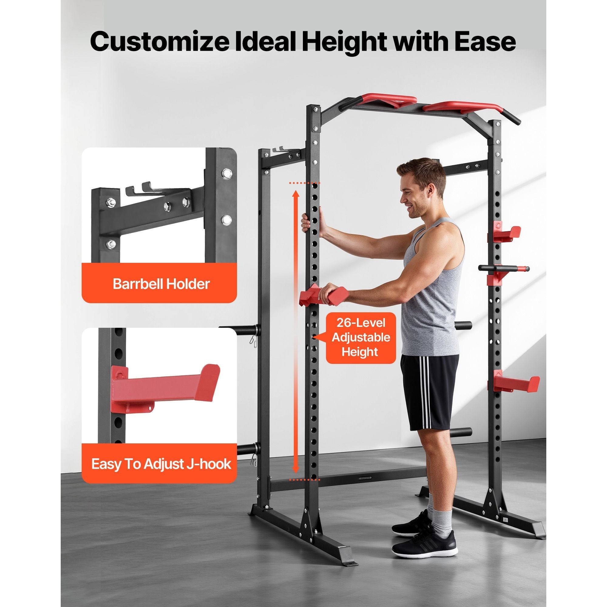 Power Cage Power Rack, Multifunctional Barbell Squat Rack with Adjustable Height, Home Gym Strength Training Workout Equipment with J-Hooks & More Fitness Attachment for Bench Press Pull-Up Dips