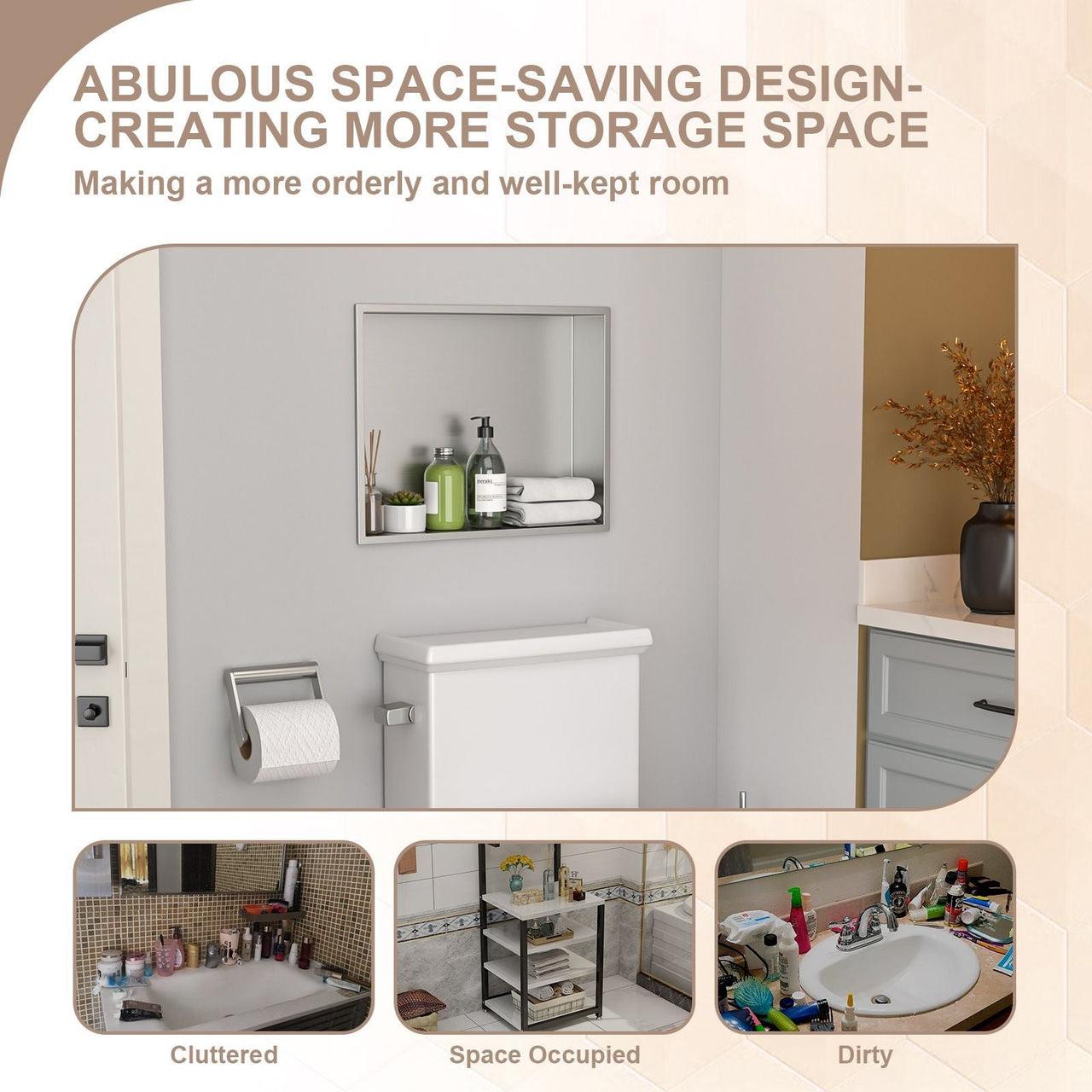 Brushed Stainless Steel Wall Shower  Niche , Double Recessed Shower Shelf for Bathroom