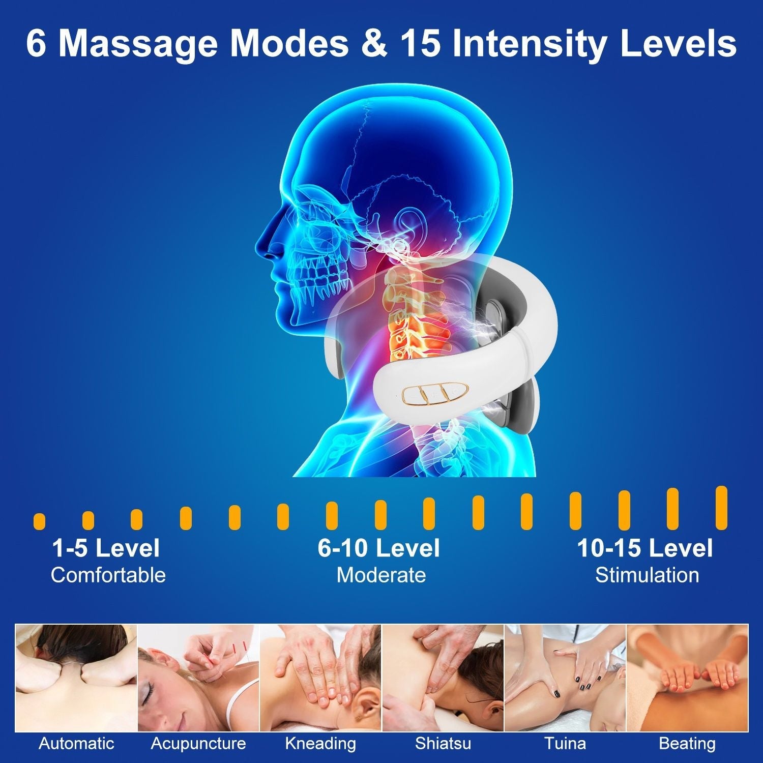 Electric Cervical Neck Massager with Hot Compress, 6 Modes 20 Levels Cordless Neck Pain Relief8-Head Electric Neck Massager with Heat, Cordless Portable Neck Massage Device with Auto Off