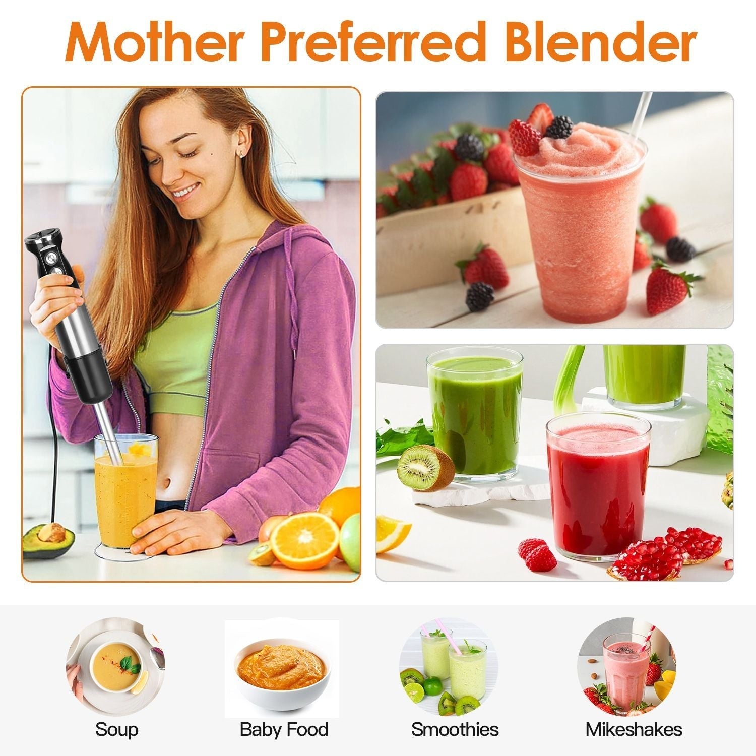 1000W 5 In 1 Immersion Hand Blender Stainless Steel Hand Mixer with 12 Speeds Turbo Mode Food Processor with 20Oz Beaker 17Oz Chopper Whisk Milk Frother