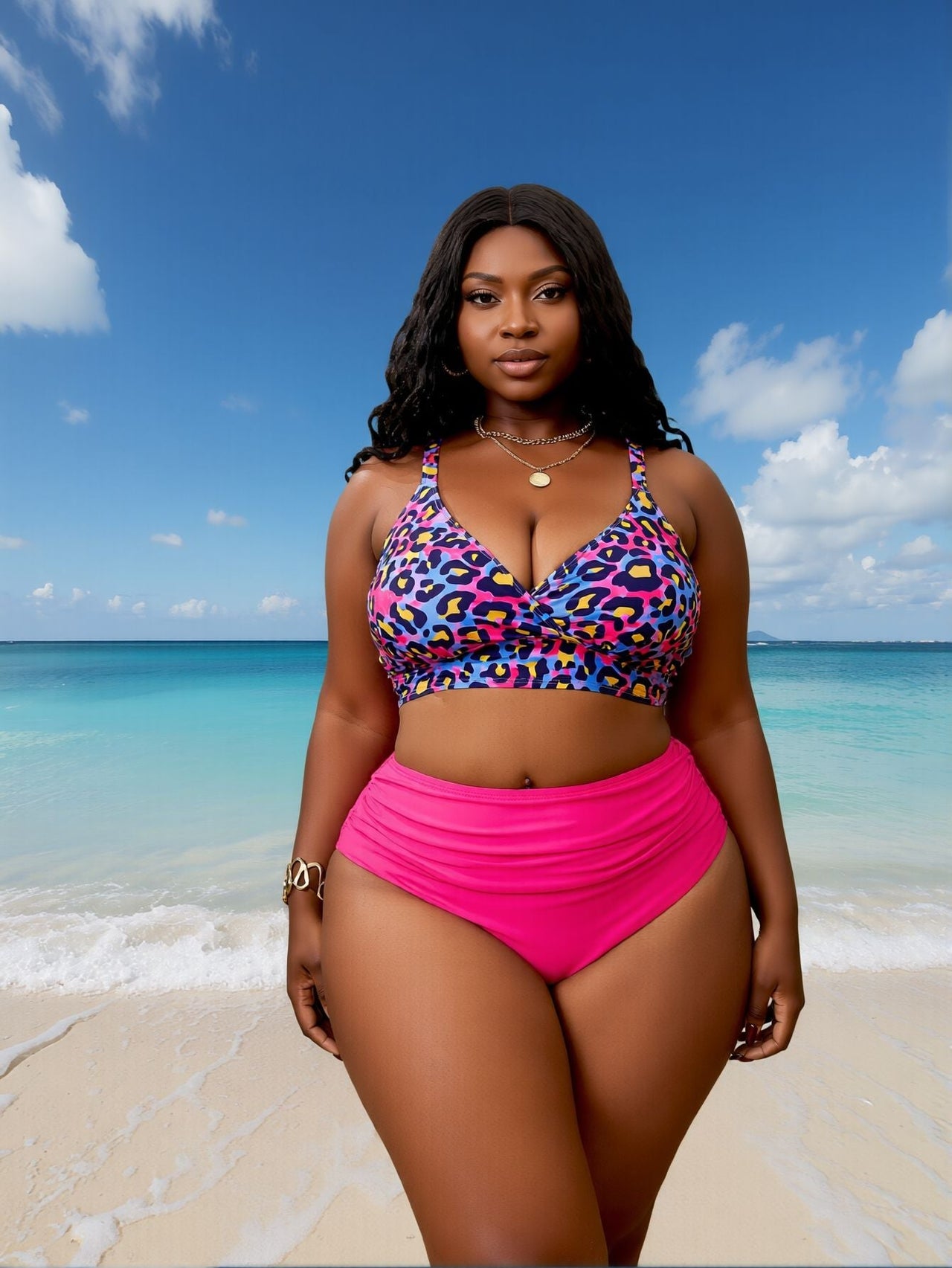 2026 New Plus Size Bikini Set: Colorful Leopard Print, High Waist, Ruched, Bold Beach Style
