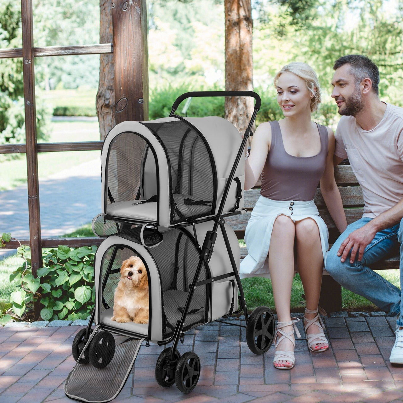 4-in-1 Double Pet Stroller with Detachable Carrier and Travel Carriage