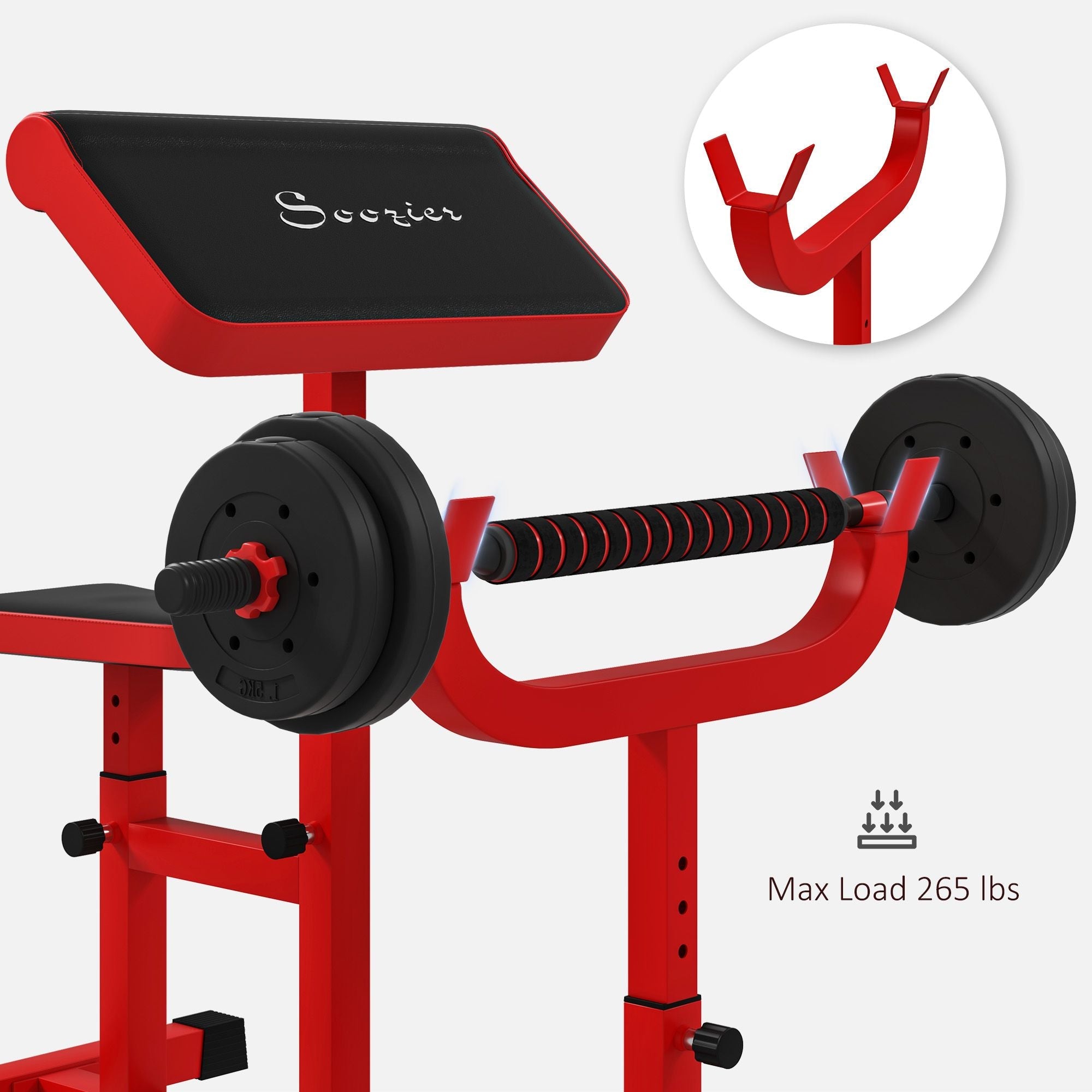 265 LBS Preacher Curl Bench for Strength Training, Adjustable Seated Arm Isolated Barbell Dumbbell Bicep Station, Red
