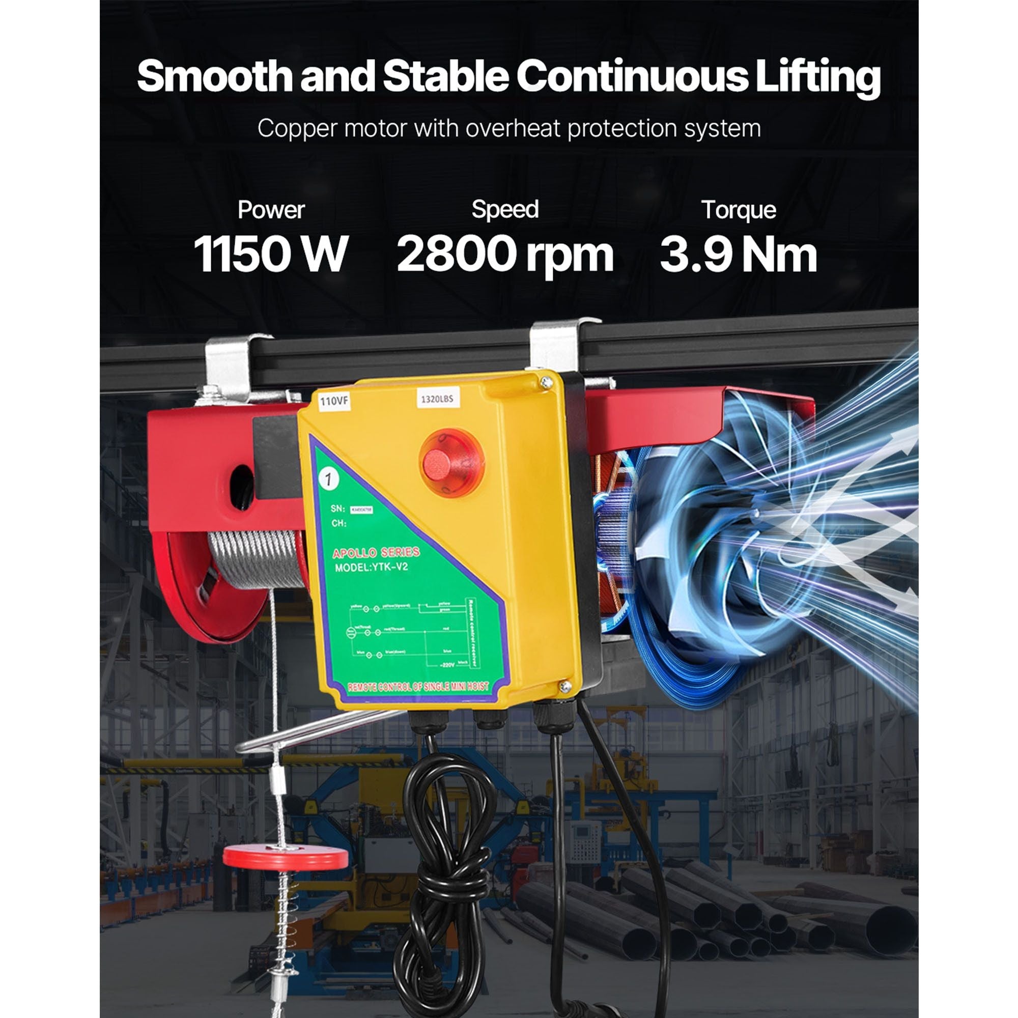 Electric Hoist, 1320 lbs Lifting Capacity, 1150W 110V Electric Steel Wire Winch with Wireless Remote Control, 40ft Single Cable Lifting Height & Pure Copper Motor, for Garage Warehouse Factory