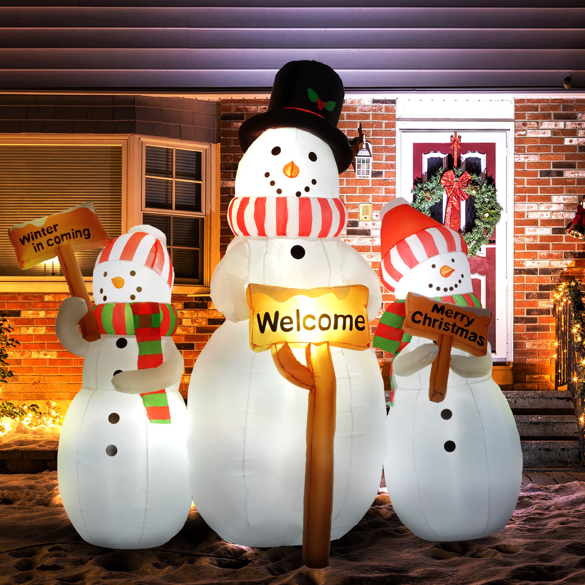 Outsunny 6.1' Inflatable Three Snowmen with Sign Each, Blow-Up Outdoor Christmas Display w/ LED Lights for Party