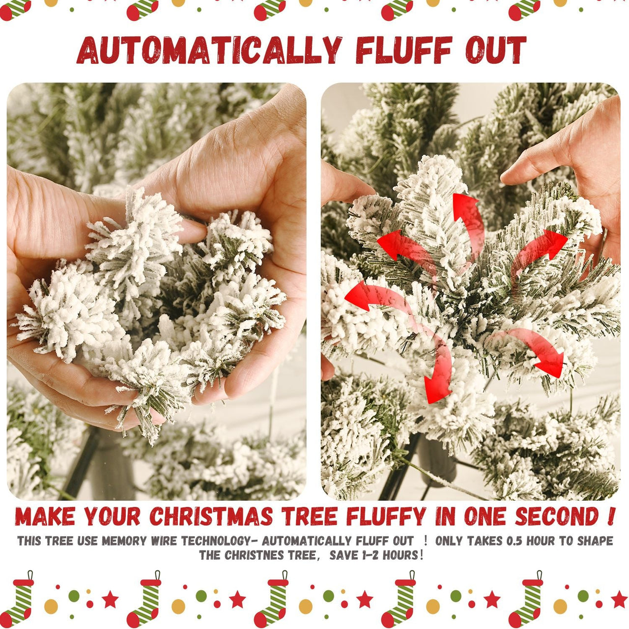 7.5FT Prelit Artificial Flocked Christmas Tree with 400 Multi-Color LED Lights, Full Hinged Pine Xmas Tree with 1523 PE & PVC Mixed Branch Tips, Metal Stand and Hinged Branches, 10 Colors
