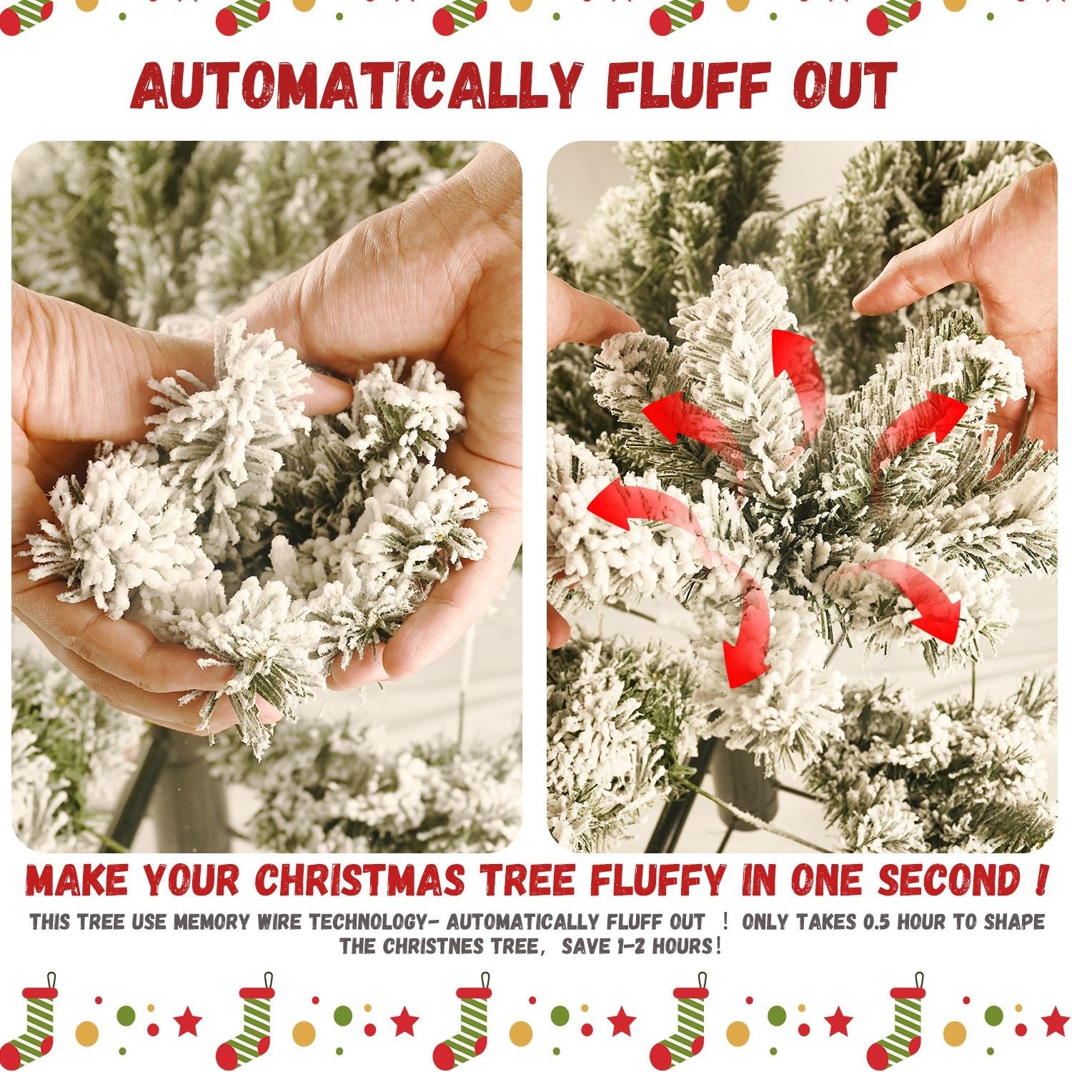 7.5FT Prelit Artificial Flocked Christmas Tree with 400 Multi-Color LED Lights, Full Hinged Pine Xmas Tree with 1523 PE & PVC Mixed Branch Tips, Metal Stand and Hinged Branches, 10 Colors