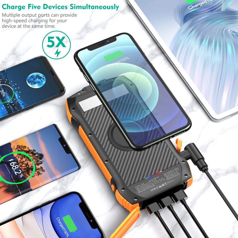 Portable Charger, Solar Power Bank 33500mAh Fast Charging, Solar Battery Pack with Waterproof 6W Bright Flashlight for iPhone S amsung Tablet