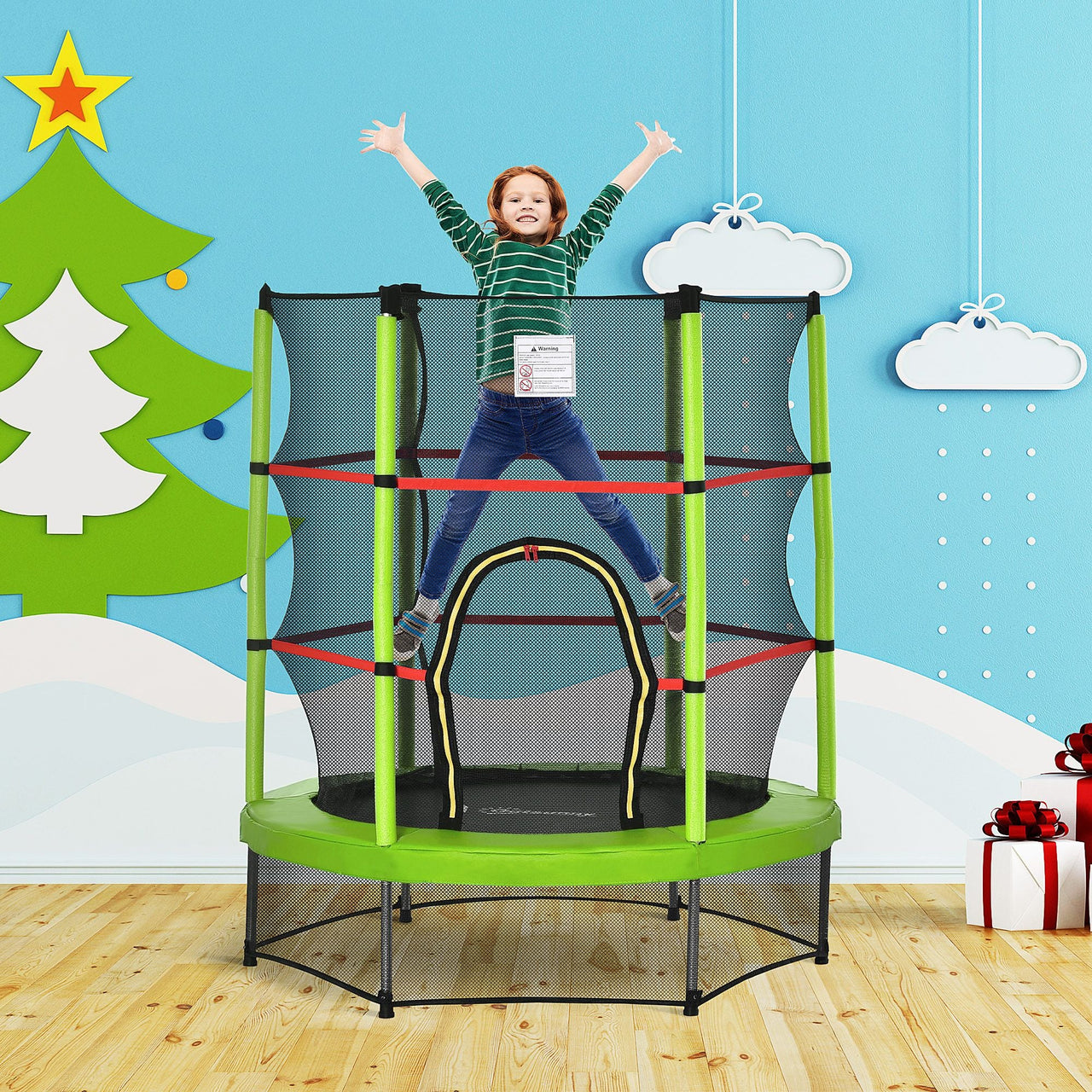 4.5FT Green Kids Trampoline with Safety Enclosure Net, Springless Design, for Ages 3 to 6