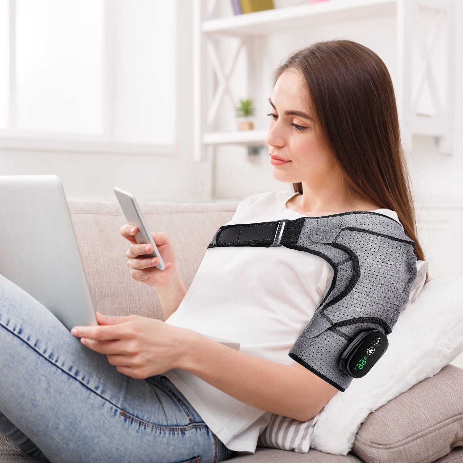Cordless Shoulder Heating Pad Rechargeable Heated Shoulder Wrap Massager Shoulder Brace Supports with 3 Heating Levels 3 Vibration Modes for Left Right Shoulder