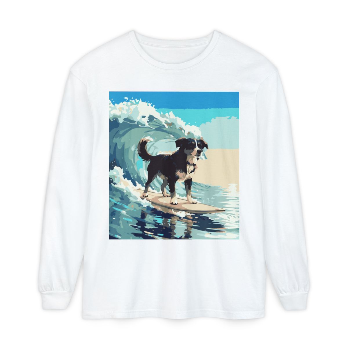 Surfing Dog Long Sleeve Tee | Retro Wave Beach Graphic