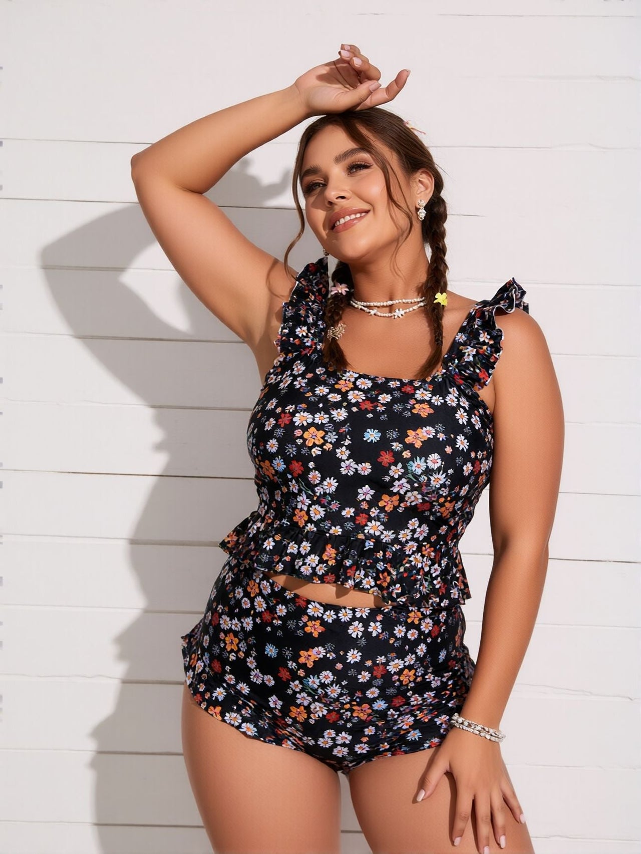 2026 New Plus Size Tankini Set: Ditsy Floral Print, Ruffle Straps, High Waist, Cute Beach Style