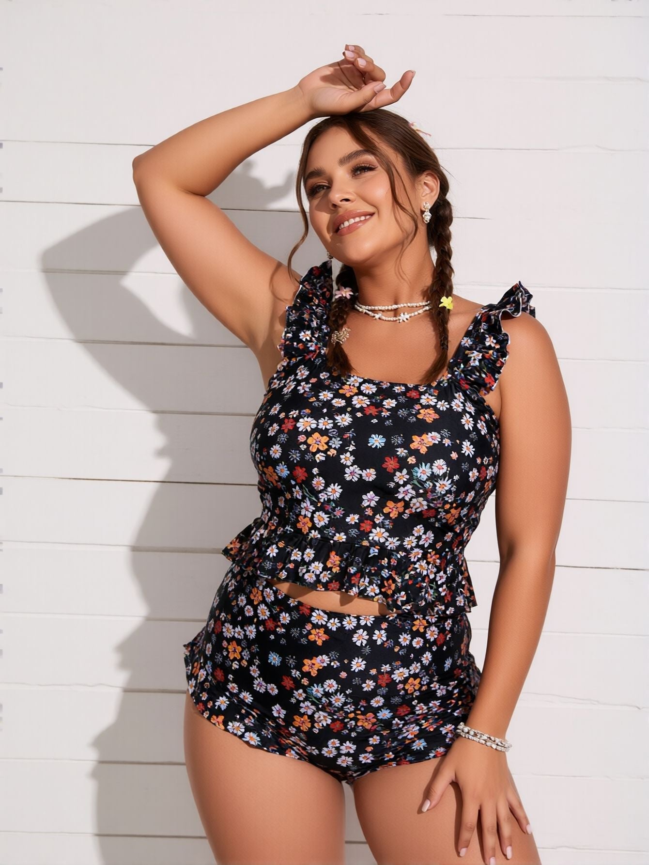 2026 New Plus Size Tankini Set: Ditsy Floral Print, Ruffle Straps, High Waist, Cute Beach Style