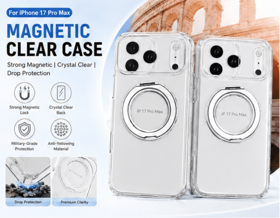 Transparent Magnetic Phone Case Compatible with iPhone 13-17 AIR, 360° Rotating Ring Holder, Anti-Yellow & Shockproof Protective Case, Works with Magnetic Accessories