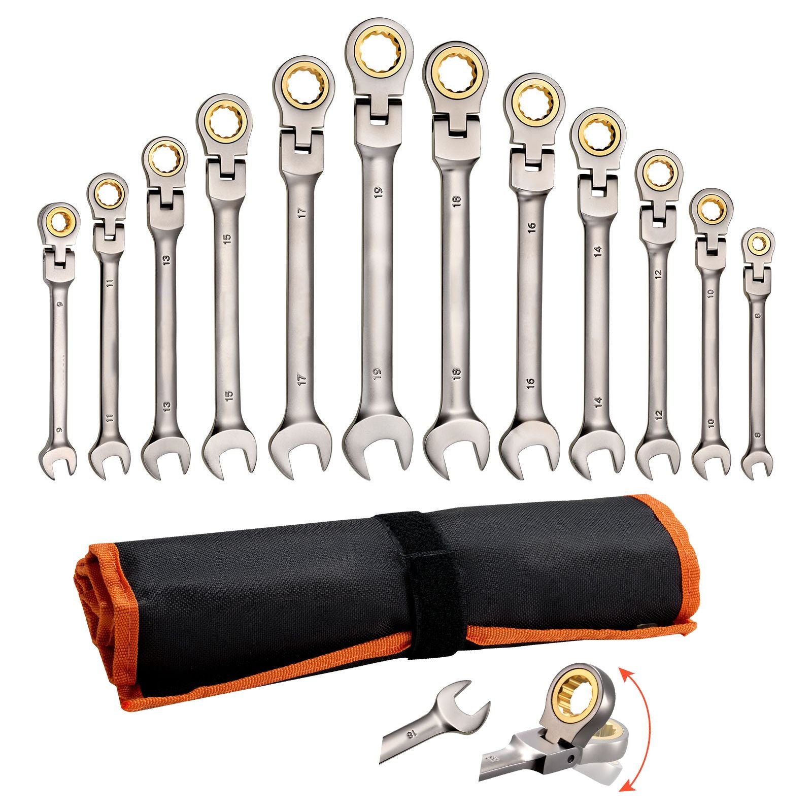 Flex-Head Ratcheting Wrench Set, 12-Piece Metric 8 mm to 19 mm, 72 Teeth, Cr-V Steel Ratchet Flexible Combination Wrench Set with Roll Up Pouch, for General Household and Automotive Repairs
