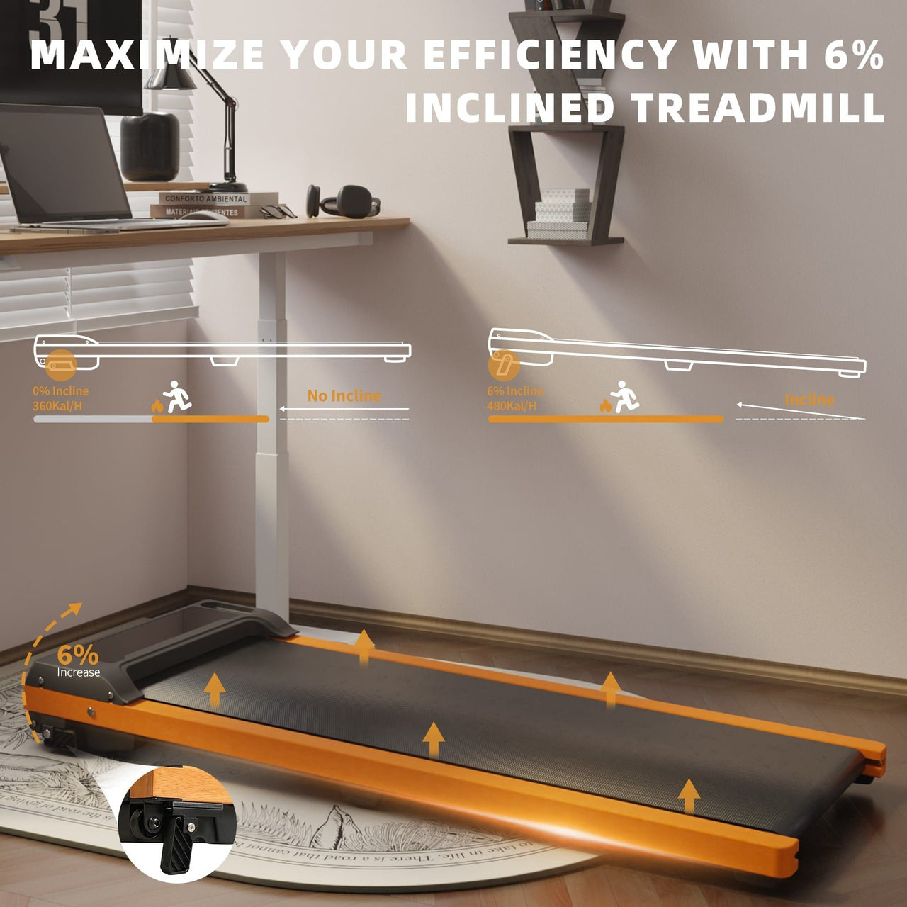6% Incline Walking Pad Treadmill - Portable Compact Treadmills Under Desk Treadmill, Incline Treadmills for Home Office, Upright Stand, 1HP Portable Treadmill with 220 lbs Capacity, LED Display