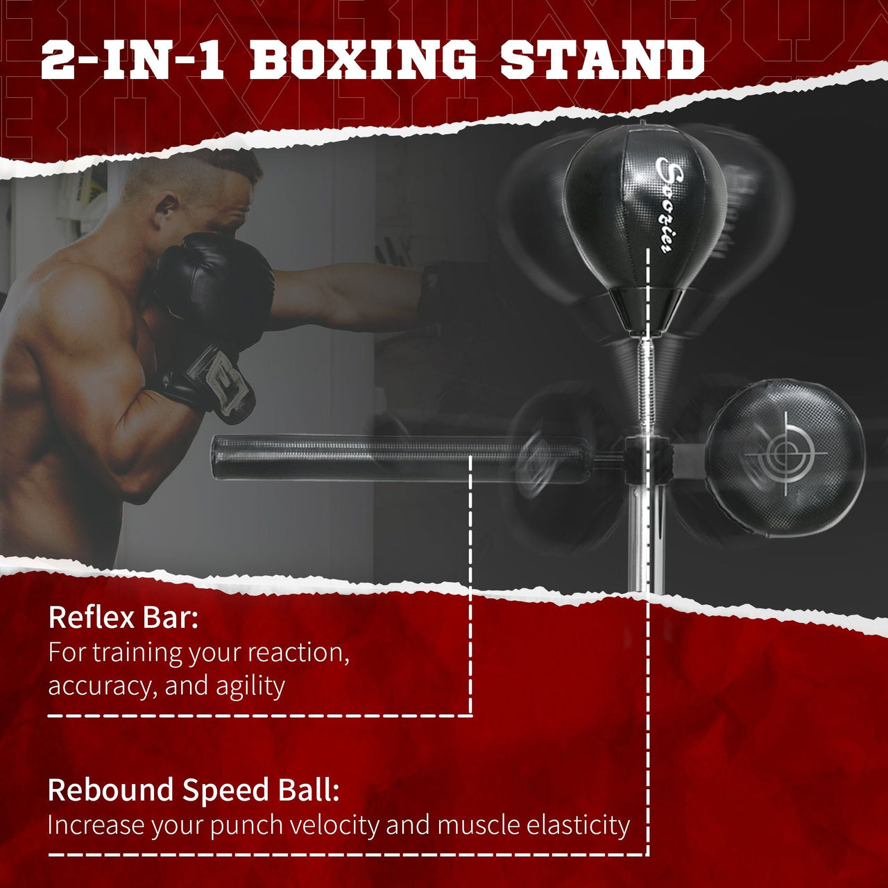 Free Standing Boxing Bag with Stand, Punching Speed Bag Reaction Bar Challenge with Suction Cups, 64-81in Adjustable Height for Teenagers and Adults, Black