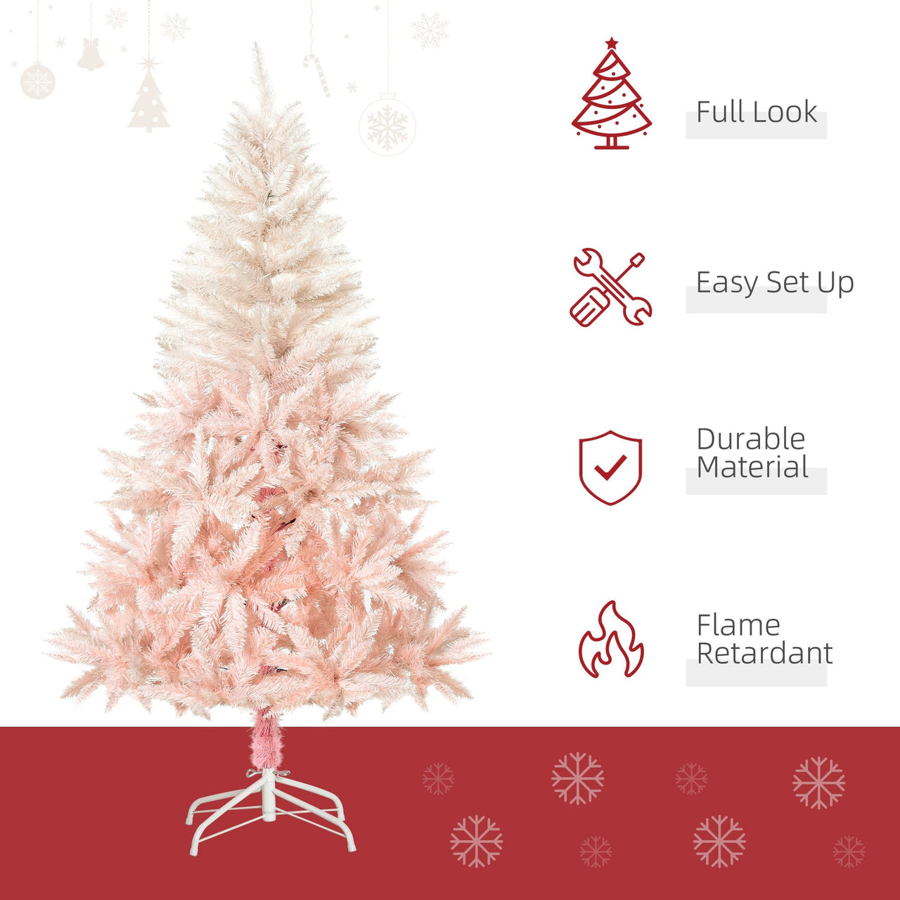 HOMCOM 5ft Pencil Christmas Tree, Pink Christmas Tree with 450 Branches & Detachable Base, Home Party Christmas Decoration, Pink