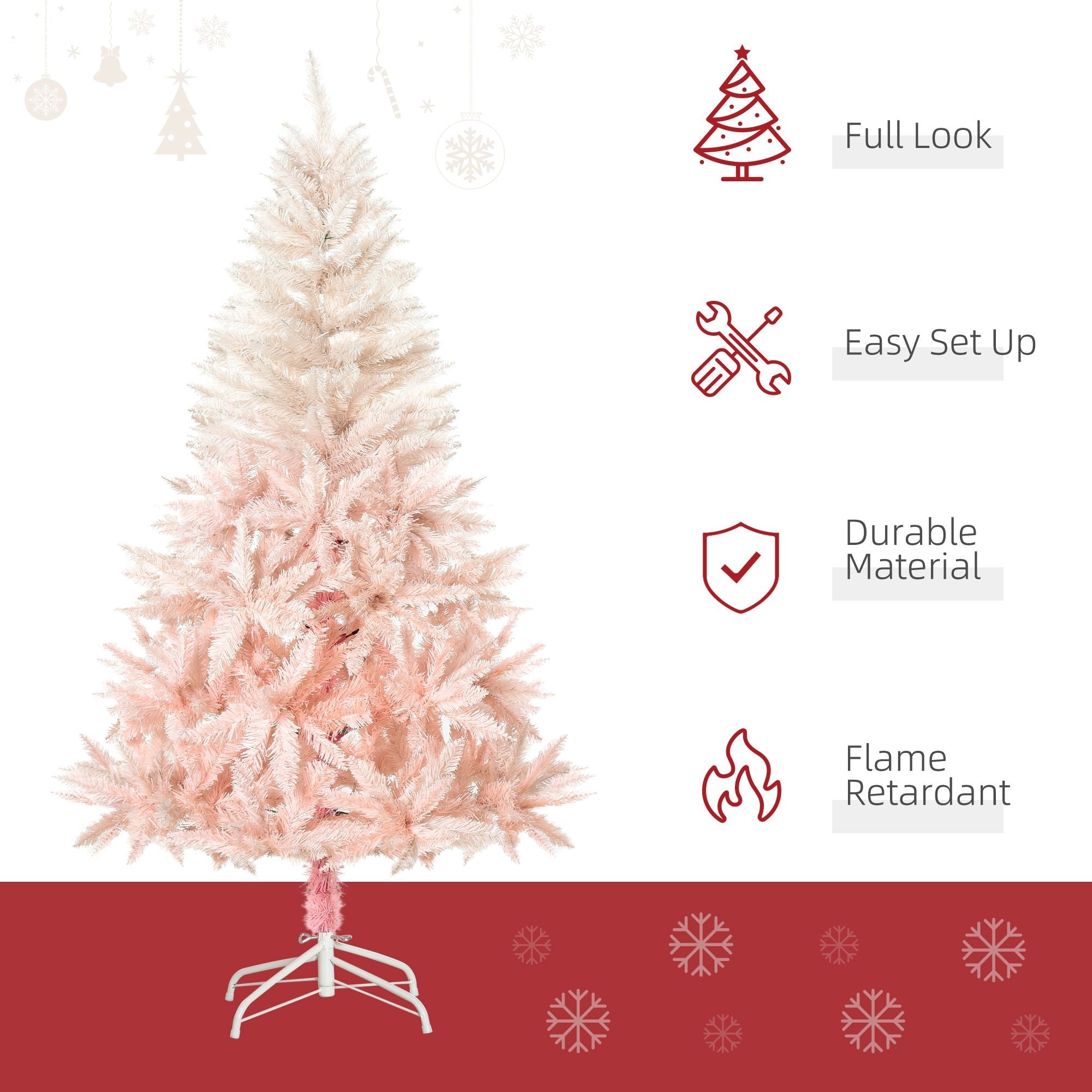 HOMCOM 5ft Pencil Christmas Tree, Pink Christmas Tree with 450 Branches & Detachable Base, Home Party Christmas Decoration, Pink
