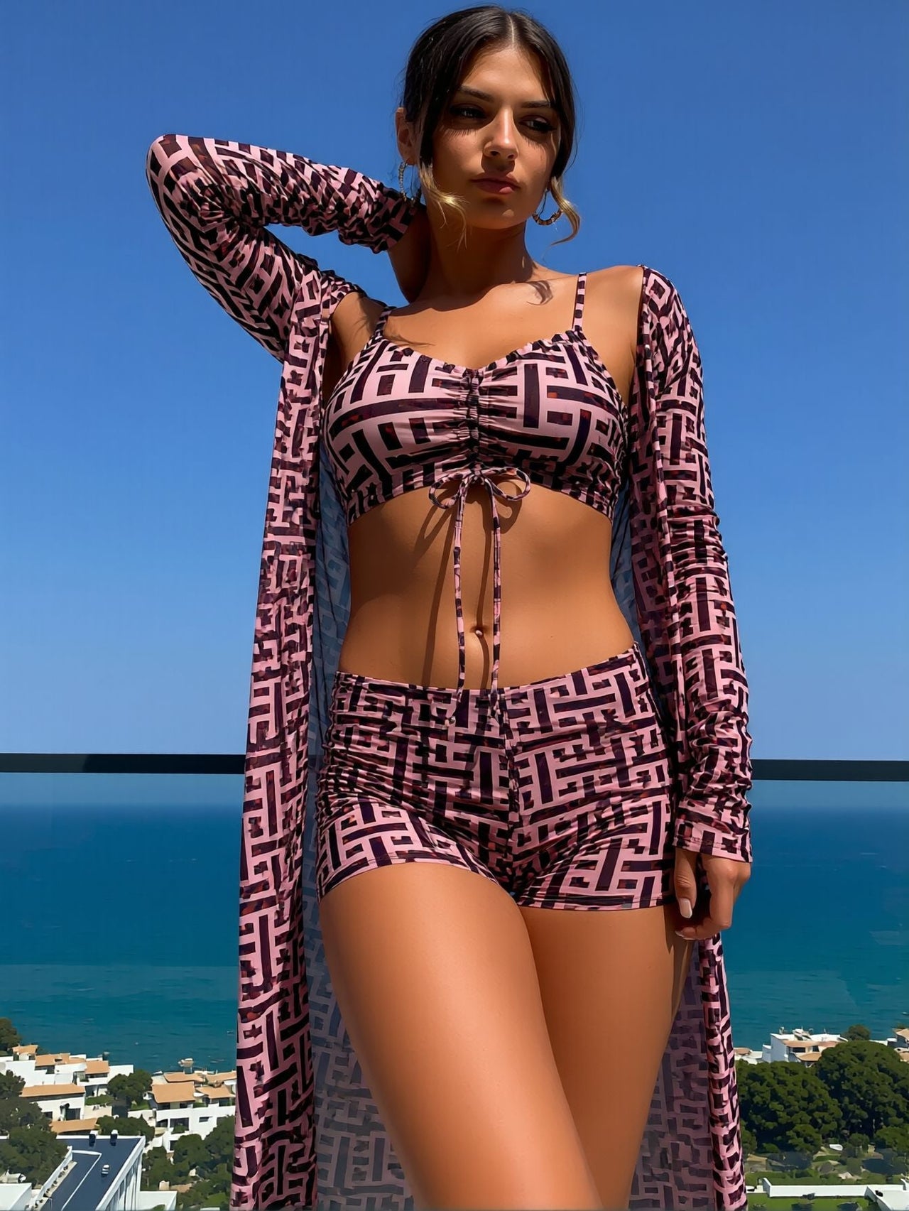 Brown Lattice Print Swimwear Set, Ruched Front Bikini Top with Shorts and Sheer Kimono, Quick-Dry Resort Wear