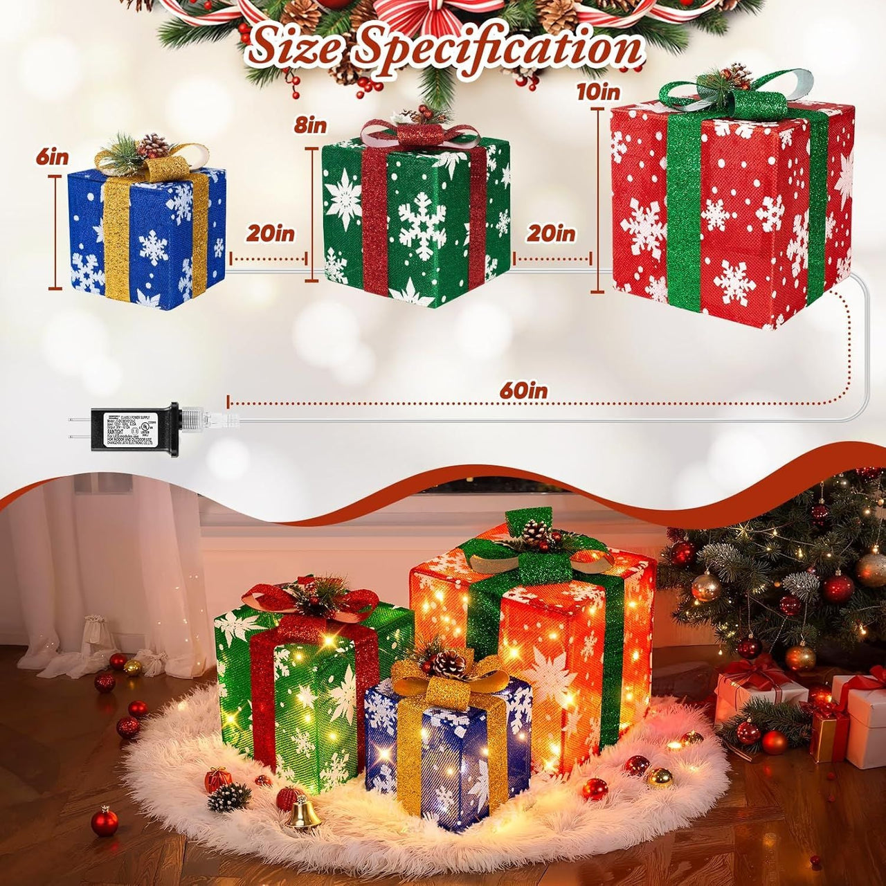 3 Pieces Large Gift Boxes for Christmas Decorations Outdoor, 10