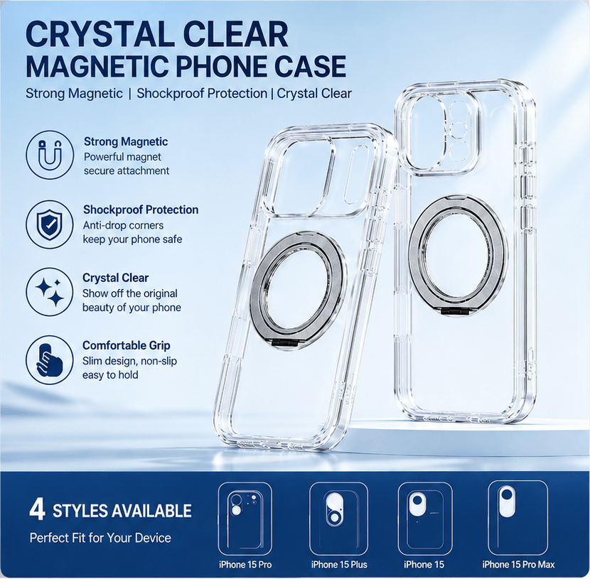 Transparent Magnetic Phone Case Compatible with iPhone 13-17 AIR, 360° Rotating Ring Holder, Anti-Yellow & Shockproof Protective Case, Works with Magnetic Accessories