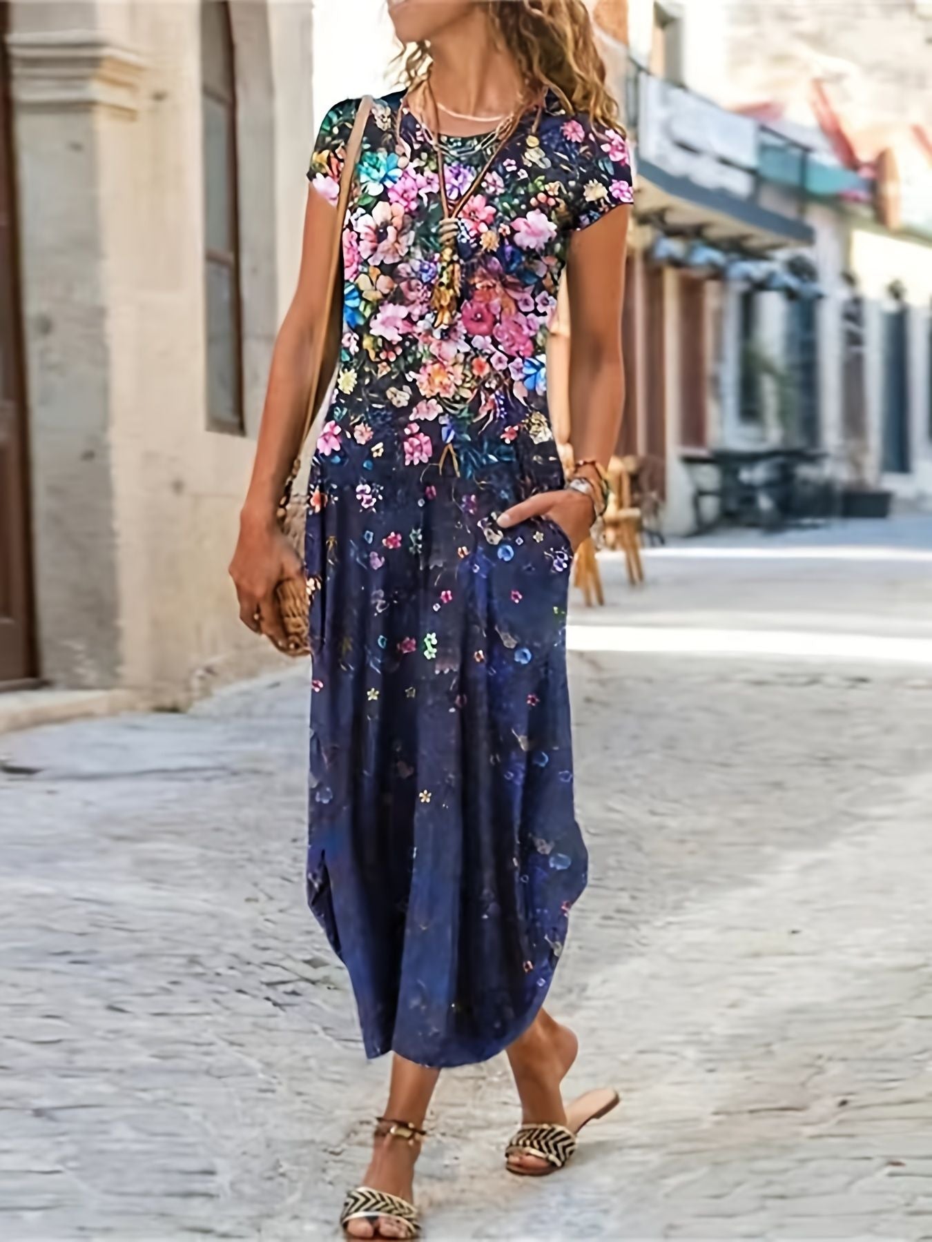 Floral Print Pocket Dress; Casual Short Sleeve Crew Neck Dress; Women's Clothing
