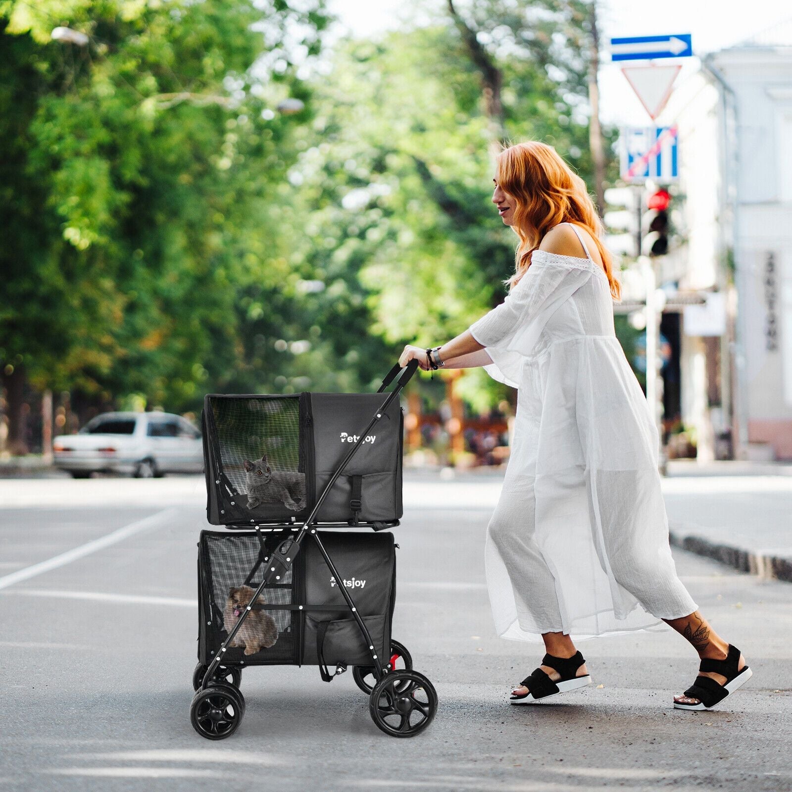 4-in-1 Double Pet Stroller with Detachable Carrier and Travel Carriage