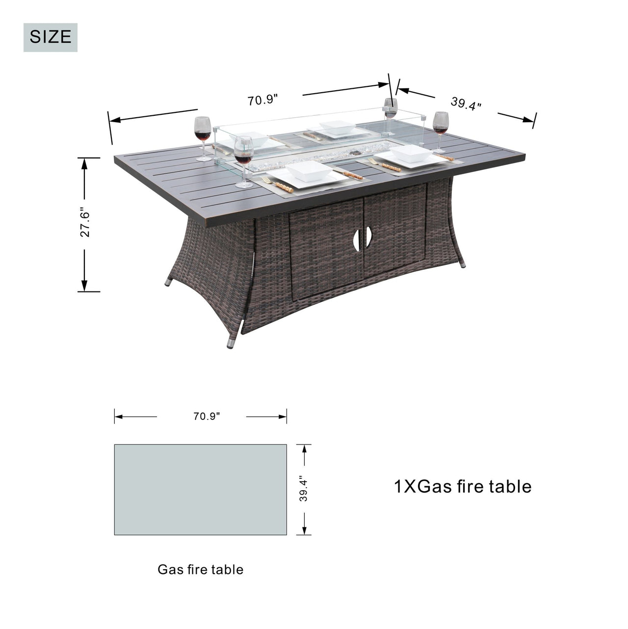 Direct Wicker Patio Fire Pit Dining Set 6-Seat Rectangular Aluminum Table with Rattan Chairs