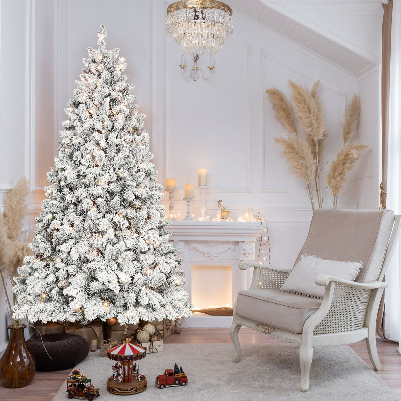 8ft Pre-lit Flocked Christmas Tree with 700 UL Lights & 54 Pine Cones & 1754 Tips Snow Frosted Artificial Xmas Tree