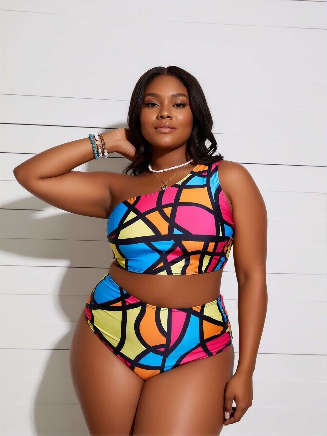 Women's Plus Size Abstract Print Bikini Set, One Shoulder Crop Top with High Waist Brief, Colorful Swimwear for Curvy Women