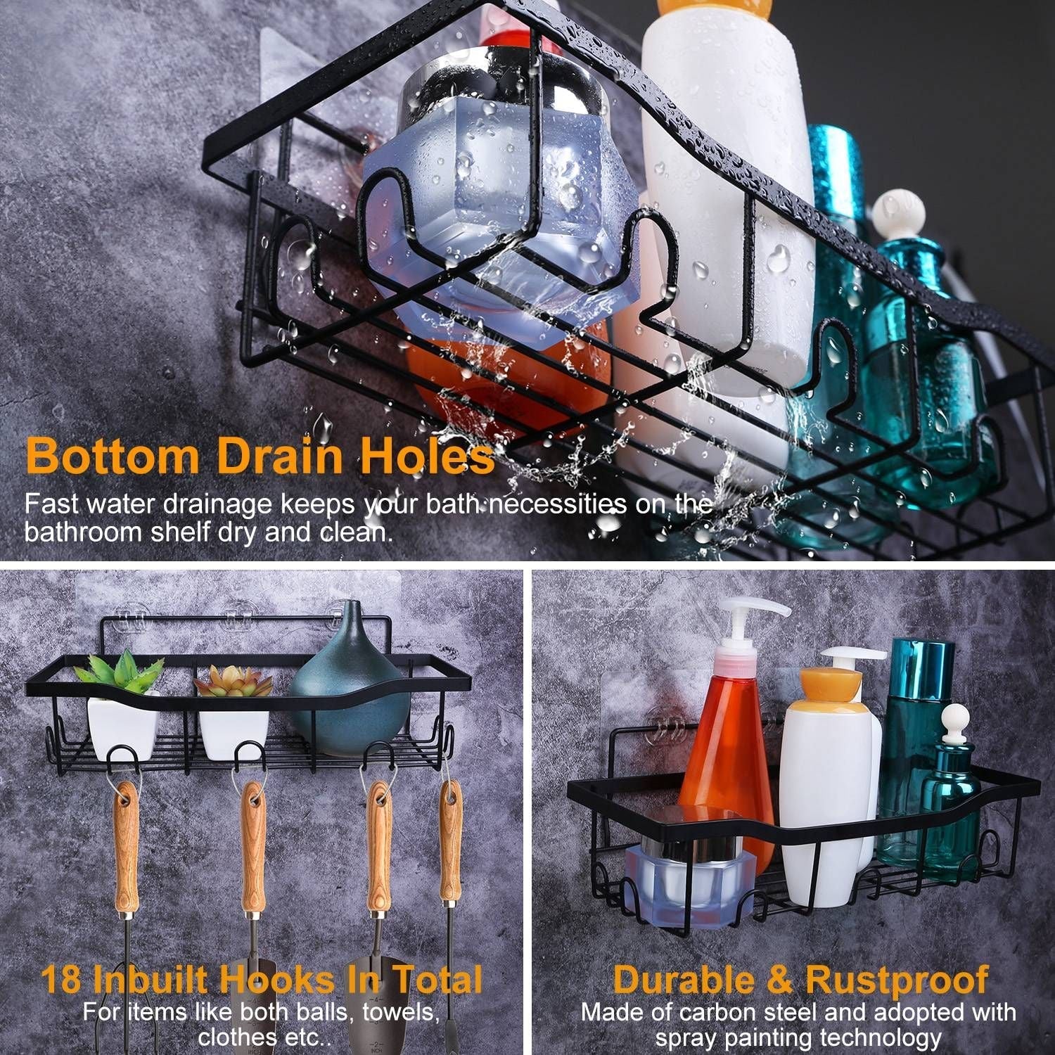 5 Pack Shower Caddy Shelves with 18 Inbuilt Hooks Rustproof Wall-Mounted Storage Shelves for Bathroom Dorm Kitchen Adhesive Bathroom Organizer for Shampoo Toothbrush Soap