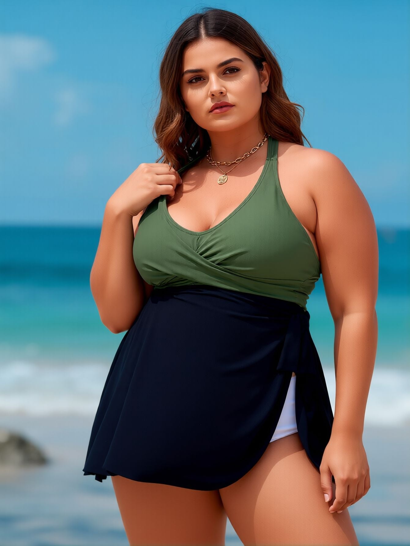 2026 New Women's Plus Size One-Piece Swimsuit Dress: Olive Green & Navy, Halter Neck, Wrap Skirt, Curvy-Friendly Beach Style